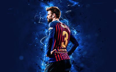 Gerard Pique, back view, Barcelona FC, spanish footballers, La Liga, Gerard Pique Bernabeu, Barca, football, neon lights, soccer, LaLiga