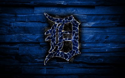 Detroit Tigers, 4k, scorched logo, MLB, blue wooden background, american baseball team, Tigers, grunge, baseball, Detroit Tigers logo, fire texture, USA