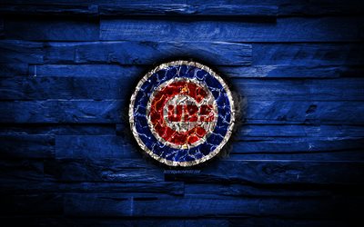 Chicago Cubs, 4k, scorched logo, MLB, blue wooden background, american baseball team, grunge, baseball, Chicago Cubs logo, fire texture, USA