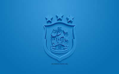 Huddersfield町FC, 創作3Dロゴ, 青色の背景, 3dエンブレム, 英語サッカークラブ, プレミアリーグ, Huddersfield, イギリス, 3dアート, サッカー, お洒落な3dロゴ