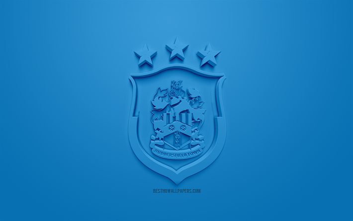 Huddersfield Town FC, cr&#233;atrice du logo 3D, fond bleu, 3d embl&#232;me, club de football anglais de Premier League, Huddersfield, en Angleterre, art 3d, le football, l&#39;&#233;l&#233;gant logo 3d