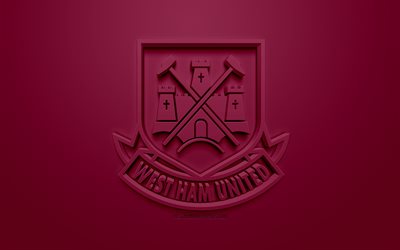 West Ham United FC, kreativa 3D-logotyp, lila bakgrund, 3d-emblem, Engelska football club, Premier League, London, England, 3d-konst, fotboll, snygg 3d-logo