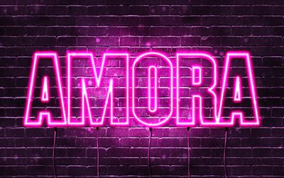 Amora, 4k, tapeter med namn, kvinnliga namn, Amora namn, lila neon lights, &#246;vergripande text, bild med Amora namn