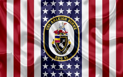 USS Arleigh Burke Emblem, DDG-51, Amerikanska Flaggan, US Navy, USA, USS Arleigh Burke Badge, AMERIKANSKA krigsfartyg, Emblem av USS Arleigh Burke