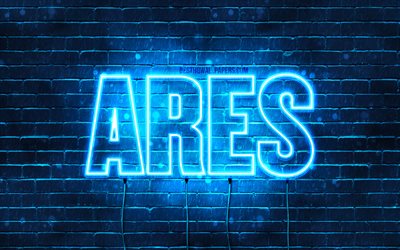 Ares, 4k, pap&#233;is de parede com os nomes de, texto horizontal, Ares nome, luzes de neon azuis, imagem com Ares nome