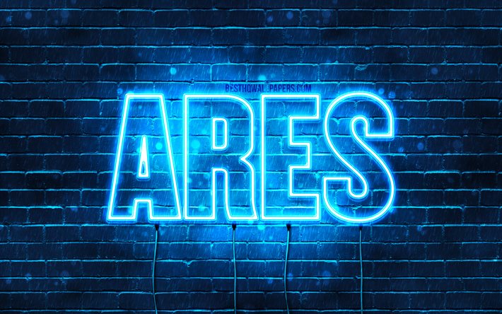 Descargar fondos de pantalla Ares, 4k, fondos de pantalla con los nombres,  el texto horizontal, Ares nombre, luces azules de neón, de la imagen con el  nombre de Ares libre. Imágenes fondos