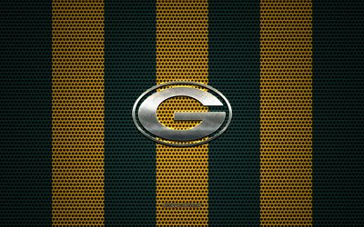 Green Bay Packers logo, American football club, metal emblem, green-yellow metal mesh background, Green Bay Packers, NFL, Green Bay, Wisconsin, USA, american football