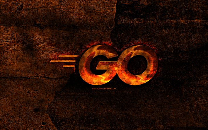 Go fiery logo, programming language, orange stone background, creative, Go logo, programming language signs, Go
