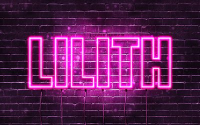 Lilith, 4k, taustakuvia nimet, naisten nimi&#228;, Lilith nimi, violetti neon valot, vaakasuuntainen teksti, kuva Lilithin nimi