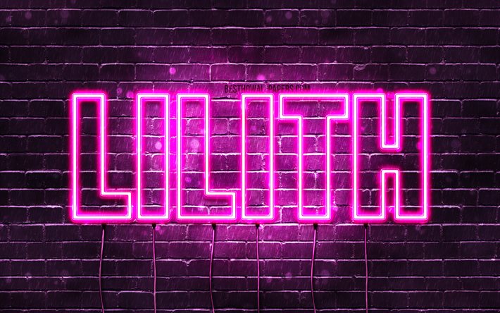 Lilith, 4k, isimleri, kadın isimleri ile duvar kağıtları, adı Lilith adıyla, mor neon ışıkları, yatay metin, resim Lilith