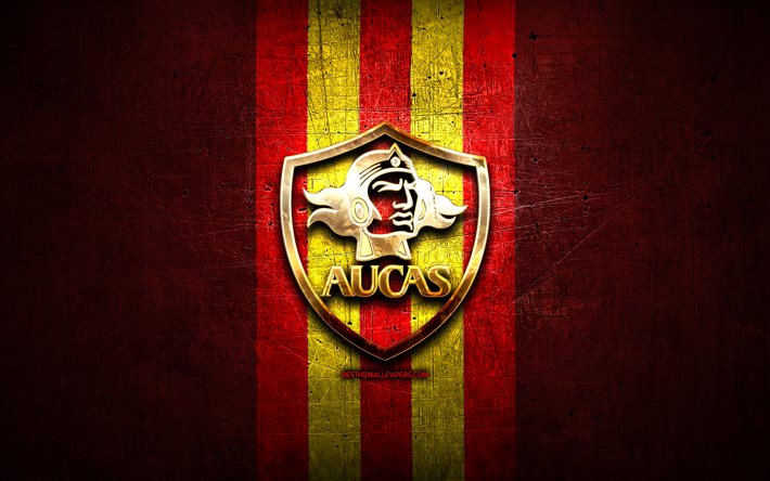Aucas FC, golden logotyp, Ecuadorianska Serie A, red metal bakgrund, fotboll, SD Aucas, Ecuadorianska football club, Aucas logotyp, Ecuador