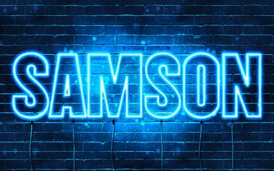 サムソン, 4k, 壁紙名, テキストの水平, サムソンの名前, 青色のネオン, 画像とサムソンの名前