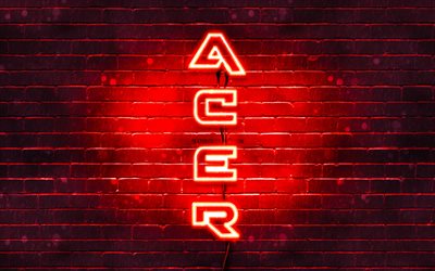 4K, Acer赤ロゴ, テキストの垂直, 赤brickwall, Acerネオンのロゴ, 創造, エイサーロゴ, 作品, Acer