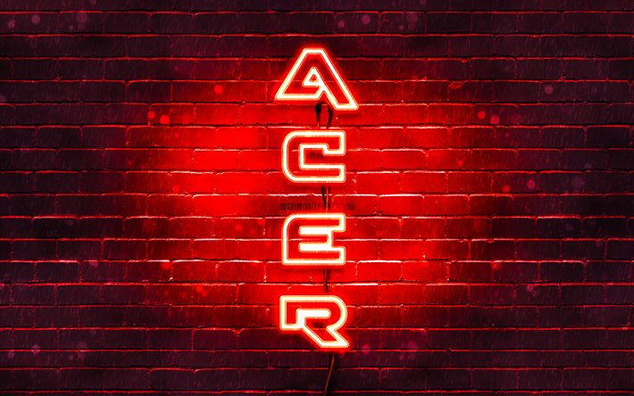 4K, Acer red logo, vertical text, red brickwall, Acer neon logo, creative, Acer logo, artwork, Acer