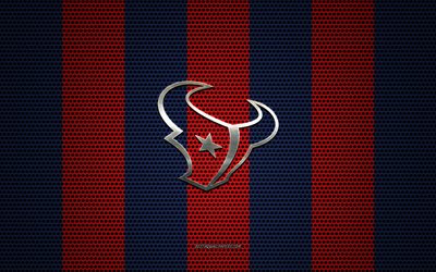 Houston Texans logo, American football club, metal emblem, red-blue metal mesh background, Houston Texans, NFL, Houston, Texas, USA, american football