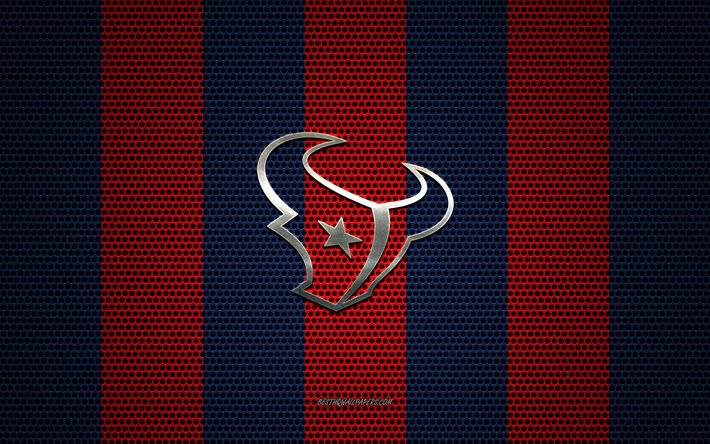 Houston Texans logosu, Amerikan Futbol Kul&#252;b&#252;, metal amblem, kırmızı-mavi metal &#246;rg&#252; arka plan, Houston Texans, NFL, Houston, Teksas, ABD, Amerikan Futbolu