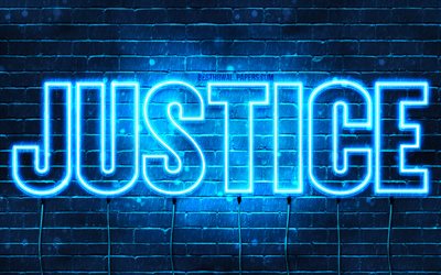 Justice, 4k, wallpapers with names, horizontal text, Justice name, blue neon lights, picture with Justice name