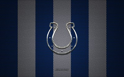 Indianapolis Colts logo, American football club, metal emblem, white-blue metal mesh background, Indianapolis Colts, NFL, Indianapolis, Indiana, USA, american football