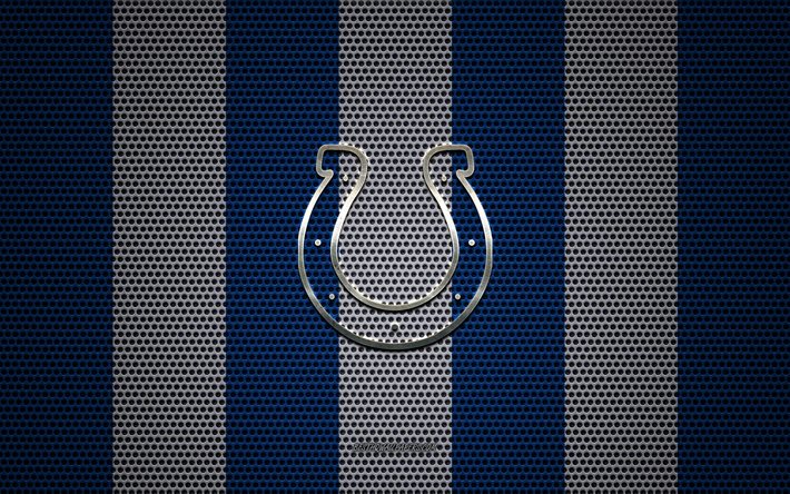 Indianapolis Colts logotipo, Americano futebol clube, emblema de metal, branco-azul met&#225;lica de malha de fundo, Indianapolis Colts, NFL, Indianapolis, Indiana, EUA, futebol americano