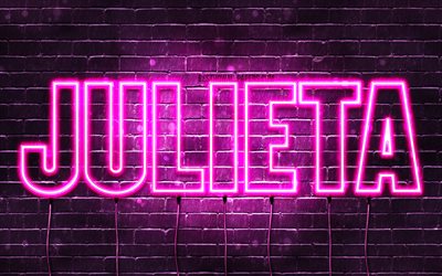 Julieta, 4k, wallpapers with names, female names, Julieta name, purple neon lights, horizontal text, picture with Julieta name