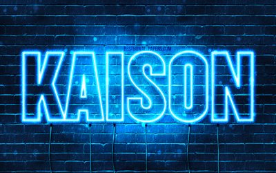 Kaison, 4k, fondos de pantalla con los nombres, el texto horizontal, Kaison nombre, luces azules de ne&#243;n, imagen con Kaison nombre