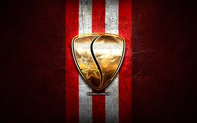 FC Sion, golden logo, Swiss Super League, red metal background, football, Sion FC, swiss football club, Sion logo, soccer, Switzerland