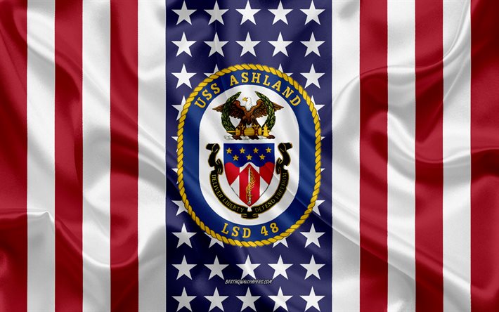 uss ashland-emblem, lsd-48, american flag, us-navy, usa, uss ashland abzeichen, us-kriegsschiff, wappen der uss ashland