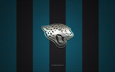 Jacksonville Jaguars logo, American football club, metal emblem, blue black metal mesh background, Jacksonville Jaguars, NFL, Jacksonville, Florida, USA, american football