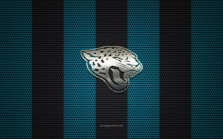 Jacksonville Jaguars logotipo, Americano futebol clube, emblema de metal, preto azul de malha de metal de fundo, Jacksonville Jaguars, NFL, Jacksonville, Fl&#243;rida, EUA, futebol americano