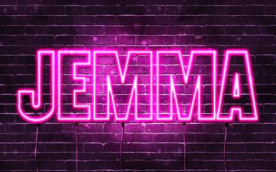 Jemma, 4k, wallpapers with names, female names, Jemma name, purple neon lights, horizontal text, picture with Jemma name