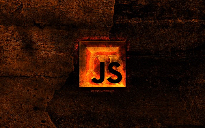 JavaScript tulinen logo, ohjelmointikieli, oranssi kivi tausta, luova, JavaScript-logo, ohjelmointi kielen merkkej&#228;, JavaScript
