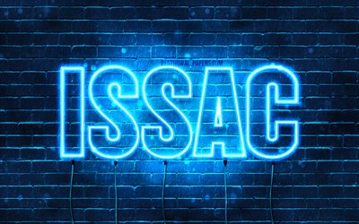 Issac, 4k, wallpapers with names, horizontal text, Issac name, blue neon lights, picture with Issac name
