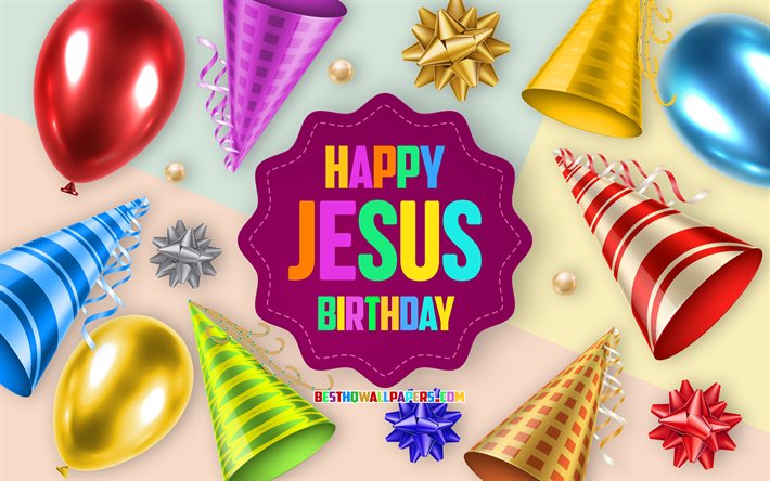 お誕生日おめでイエス, 4k, お誕生日のバルーンの背景, イエス, 【クリエイティブ-アート, 嬉しいイエスの誕生日, シルク弓, イエスの誕生日, 誕生パーティーの背景