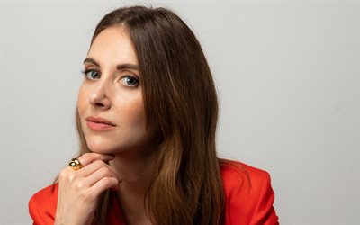 Alison Brie, american actress, portrait, photoshoot, red jacket, american fashion model, beautiful female gray eyes