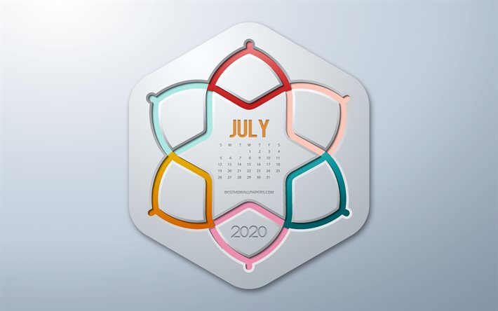 2020 July Calendar, infographics style, July, 2020 summer calendars, gray background, July 2020 Calendar, 2020 concepts
