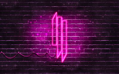 Skrillex violetti logo, 4k, supert&#228;hti&#228;, amerikkalainen Dj, violetti brickwall, Skrillex-logo, Sonny John Moore, Skrillex, musiikin t&#228;hdet, Skrillex neon-logo