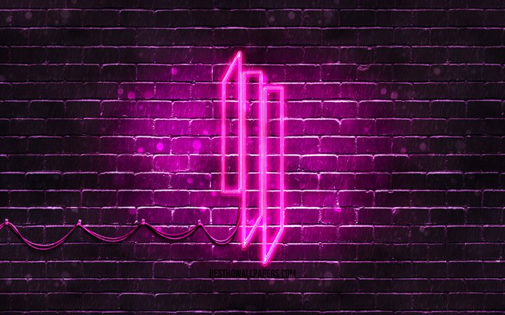 Skrillex violette logo, 4k, superstars, american Dj, violet brickwall, Skrillex logo, Sonny John Moore, Skrillex, stars de la musique, Skrillex n&#233;on logo