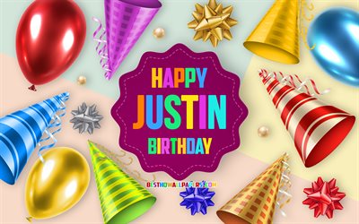 Happy Birthday Justin, 4k, Birthday Balloon Background, Justin, creative art, Happy Justin birthday, silk bows, Justin Birthday, Birthday Party Background