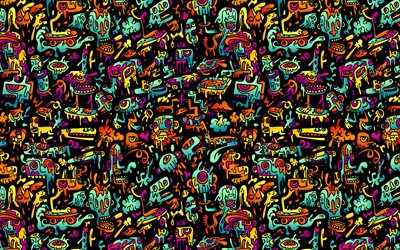 4k, cartoon monsters pattern, abstract patterns, background with monsters, creative, monsters textures, cartoon monsters background, monsters patterns