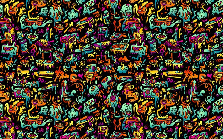 Download wallpapers 4k, cartoon monsters pattern, abstract patterns,  background with monsters, creative, monsters textures, cartoon monsters  background, monsters patterns for desktop free. Pictures for desktop free