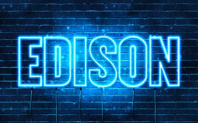 Edison, 4k, taustakuvia nimet, vaakasuuntainen teksti, Edison nimi, blue neon valot, kuva Edison nimi