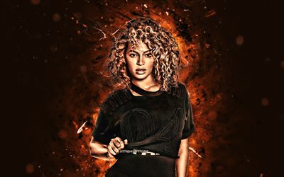 4K Beyonce, 4k, fan sanat, Amerikalı şarkıcı, m&#252;zik yıldızları, Beyonce Giselle Knowles-Carter, kahverengi neon ışıkları, Beyonce