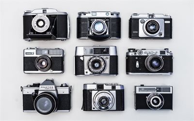 erilaisia vanhoja kameroita, retro-kamerat, valokuvaus k&#228;sitteit&#228;, valokuvaajat