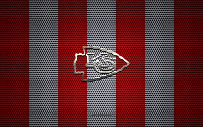 Kansas City Chiefs logo, American football club, metal emblem, red and white metal mesh background, Kansas City Chiefs, NFL, Kansas City, Missouri, USA, american football