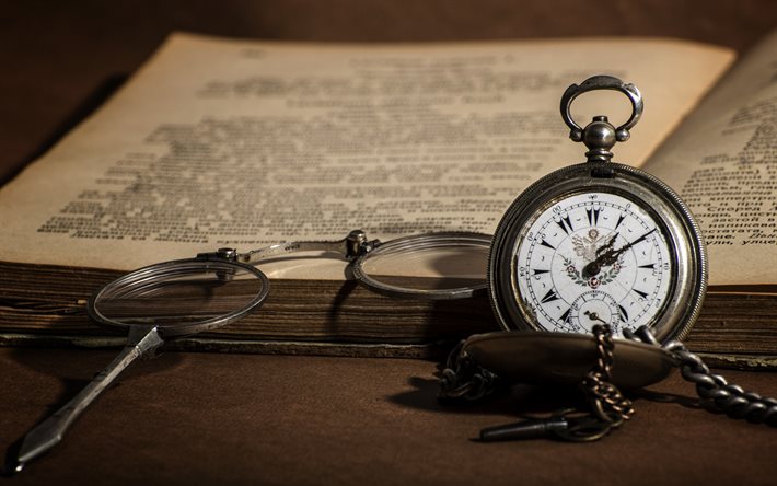 old pocket watch, Old book, old reading glasses, retro things, vintage things