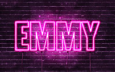 Emmy, 4k, taustakuvia nimet, naisten nimi&#228;, Emmy nimi, violetti neon valot, vaakasuuntainen teksti, kuva Emmy nimi