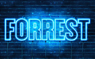 Forrest, 4k, taustakuvia nimet, vaakasuuntainen teksti, Forrest nimi, blue neon valot, kuva Forrest nimi