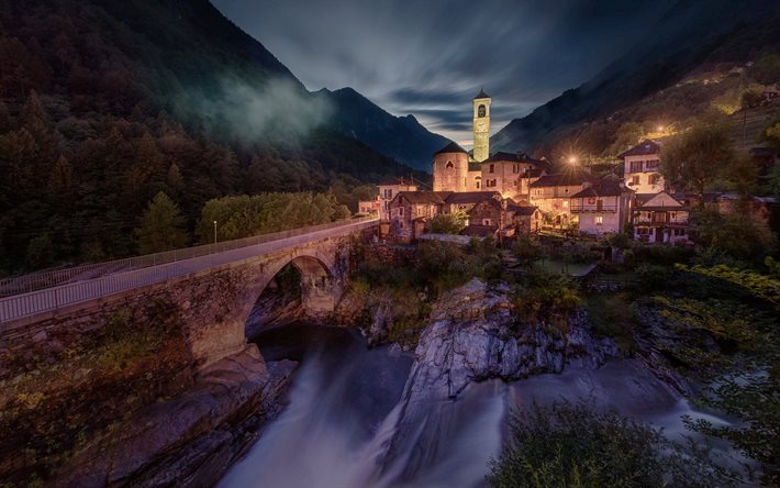 evening, mountain landscape, mountain river, old chapel, Alps, Lavertezzo, Valle Verzasca, Canton of Ticino, Switzerland
