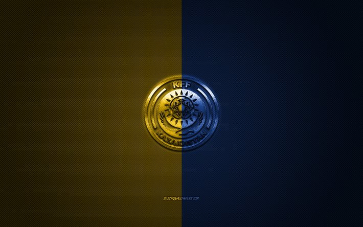 Kazakstanin jalkapallomaajoukkue, tunnus, UEFA, keltainen-sininen logo, keltainen-sininen kuitu tausta, Kazakstanissa jalkapallo joukkueen logo, jalkapallo, Kazakstan