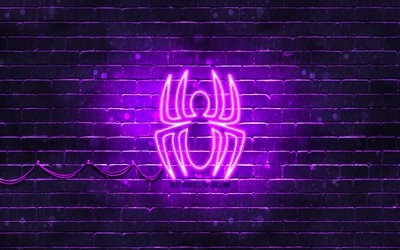 spider-man-violett-logo, 4k, violette mauer, spider-man-logo, spiderman, superhelden, spider-man-neon-logo, spider-man